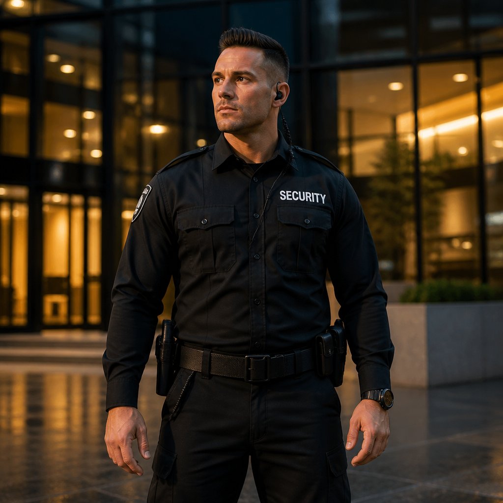 Security officer standing watch at night